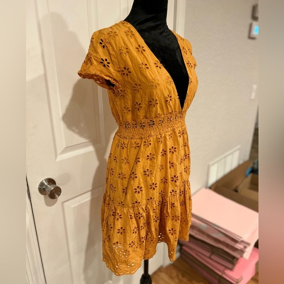 Mustard Yellow Floral Low V Cut Front Dress - Picture 4 of 5